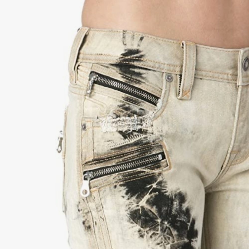 Rock Revival Cream Skinny Jeans with Black Accents and Exposed Zippers